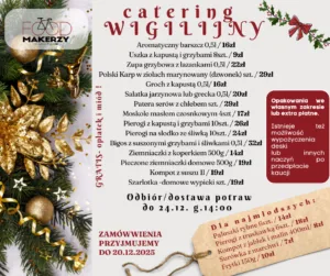 Oferta cateringu wigilijnego restauracji Food Makerzy – dania świąteczne z cenami, dekoracje świąteczne w tle.