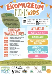 Piknik Ekomuzeum Kids Plakat z rozpiską atrakcji