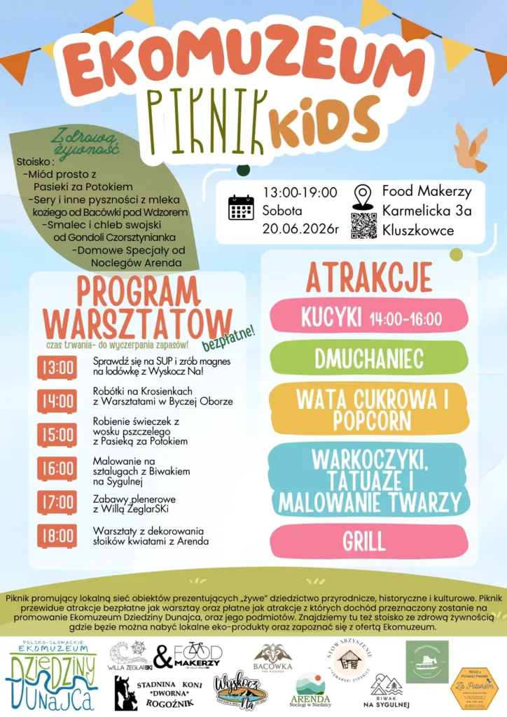 Piknik Ekomuzeum Kids Plakat z rozpiską atrakcji